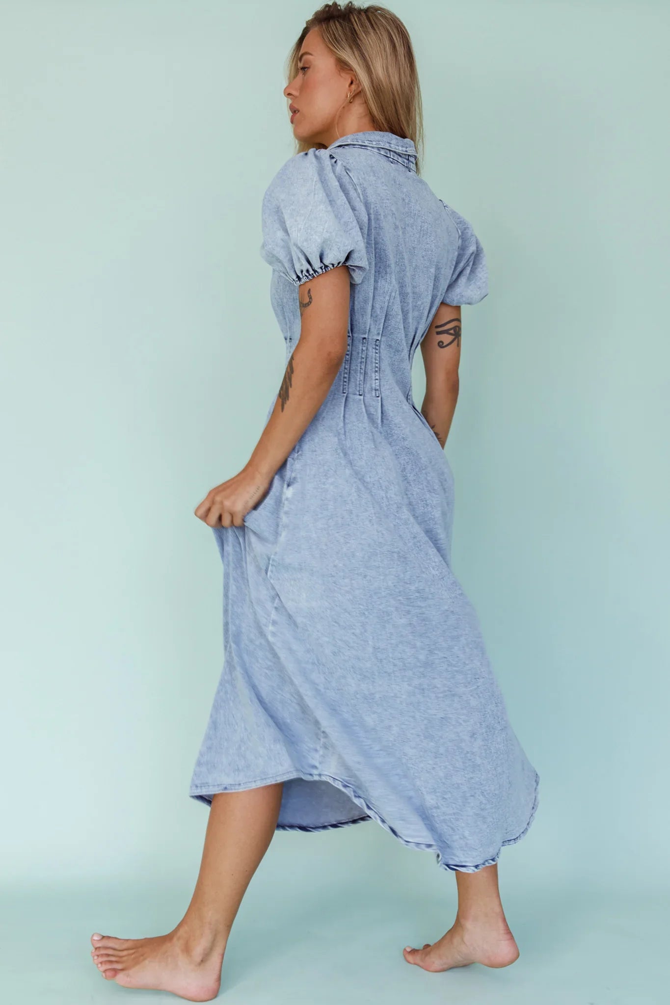 Zurich Pleated Waist Midi Dress Denim Blue